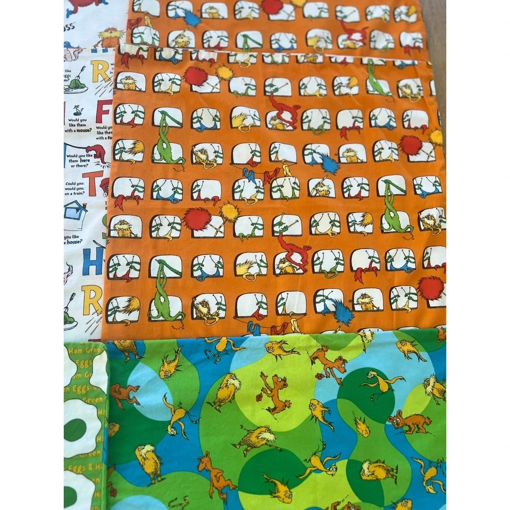 Dr Seuss Cotton Fabric Placemat Napkin Square Green Eggs Ham Lorax Set of 6 90s